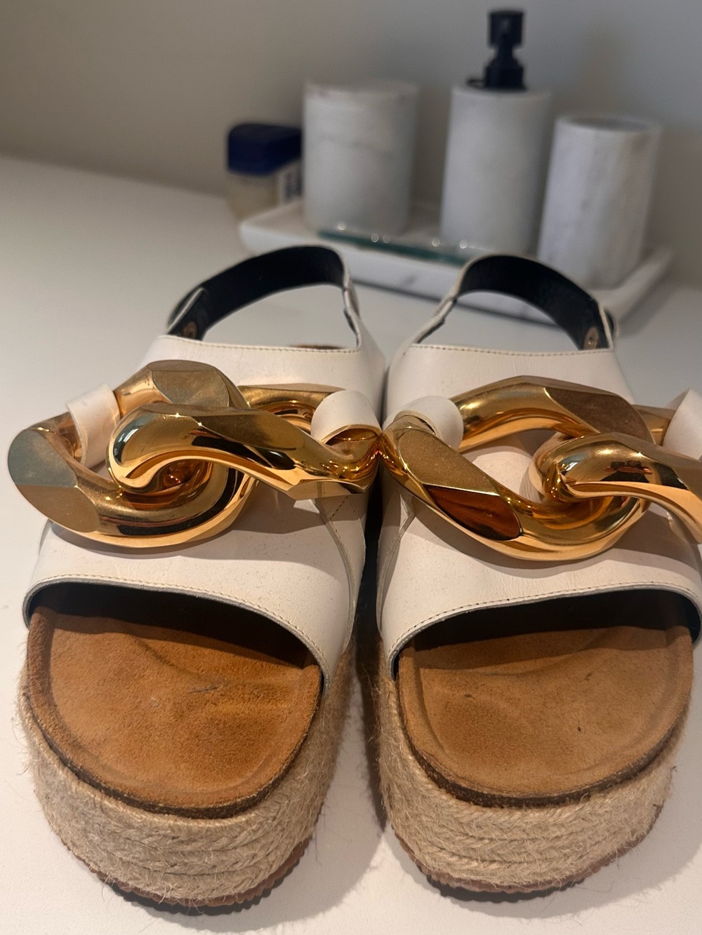 JW ANDERSON White Platform Espadrille Sandals with Gold Chain